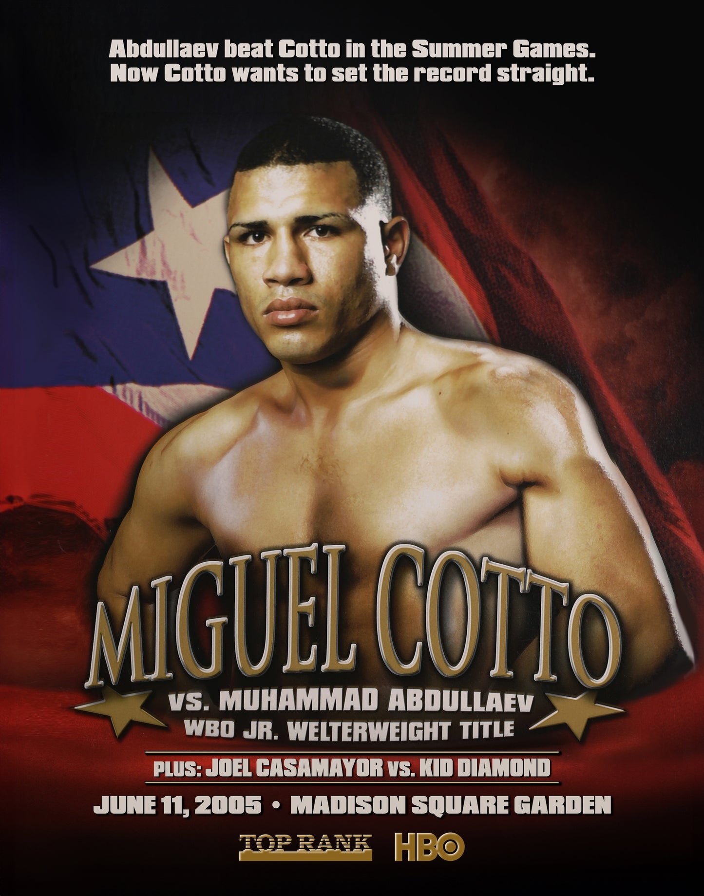 Promotional poster for a boxing match featuring Miguel Cotto with text about the event.