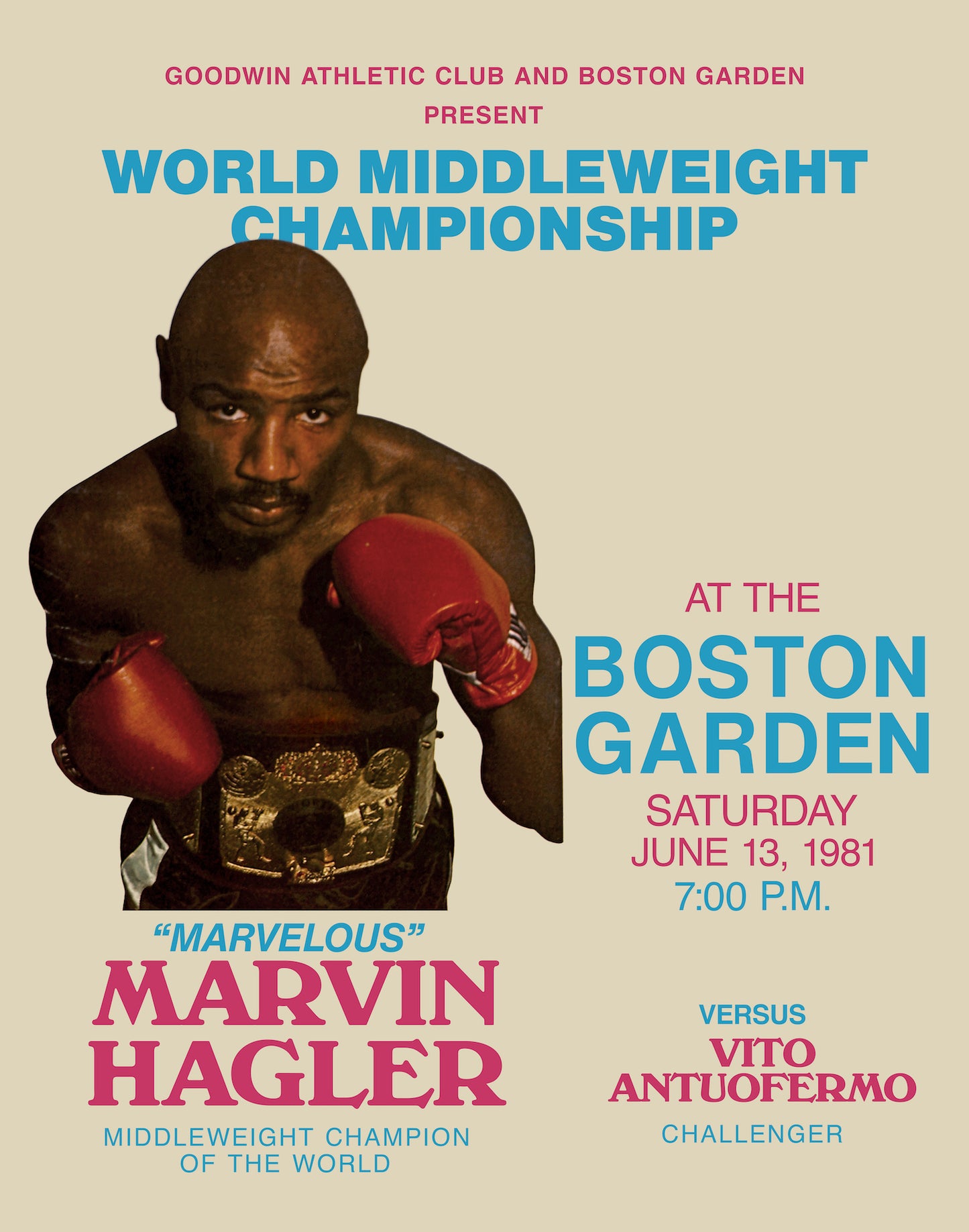 Promotional poster for a boxing match featuring Marvin Hagler at the Boston Garden.