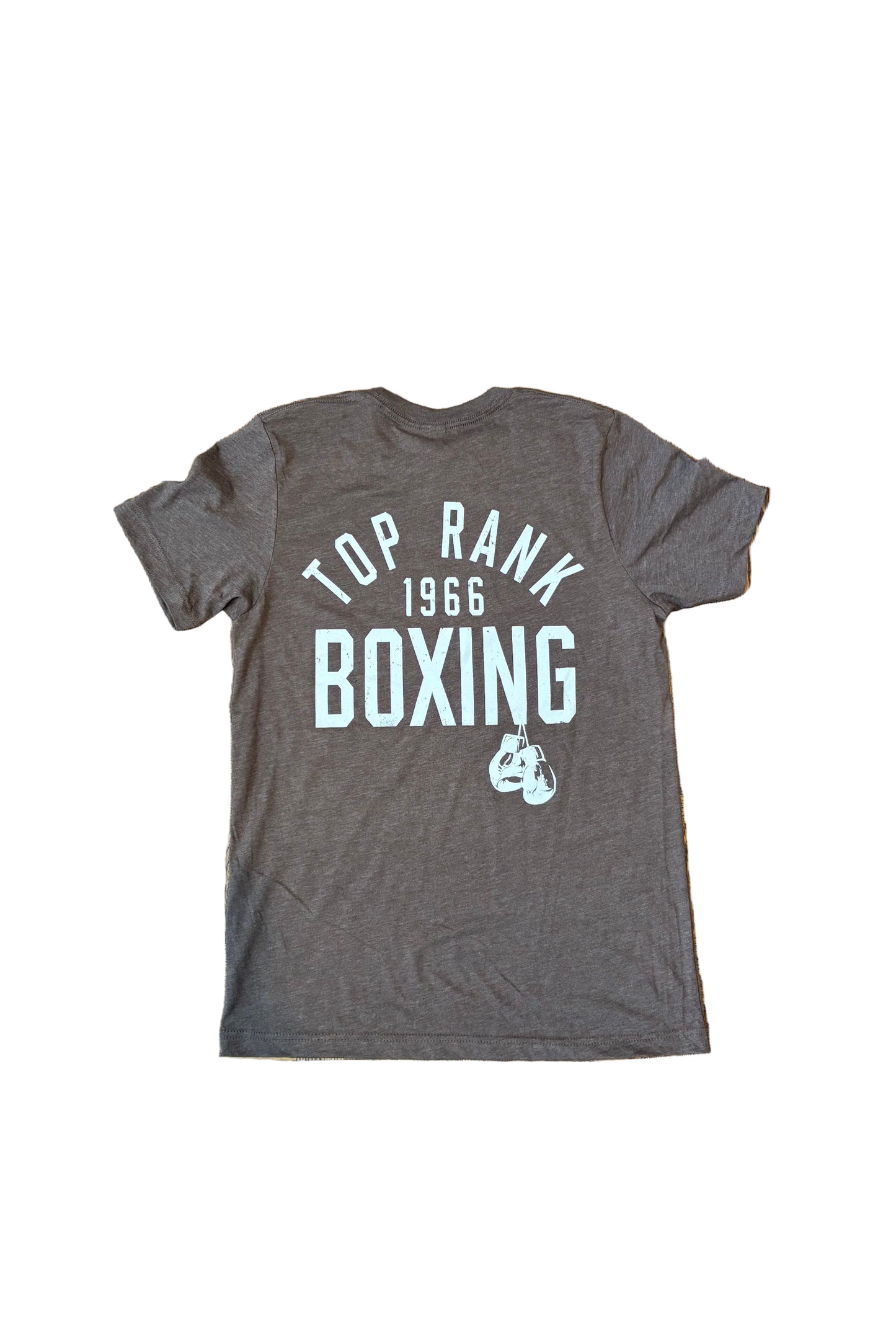 Backside of Heather Brown Top Rank Boxing T-Shirt