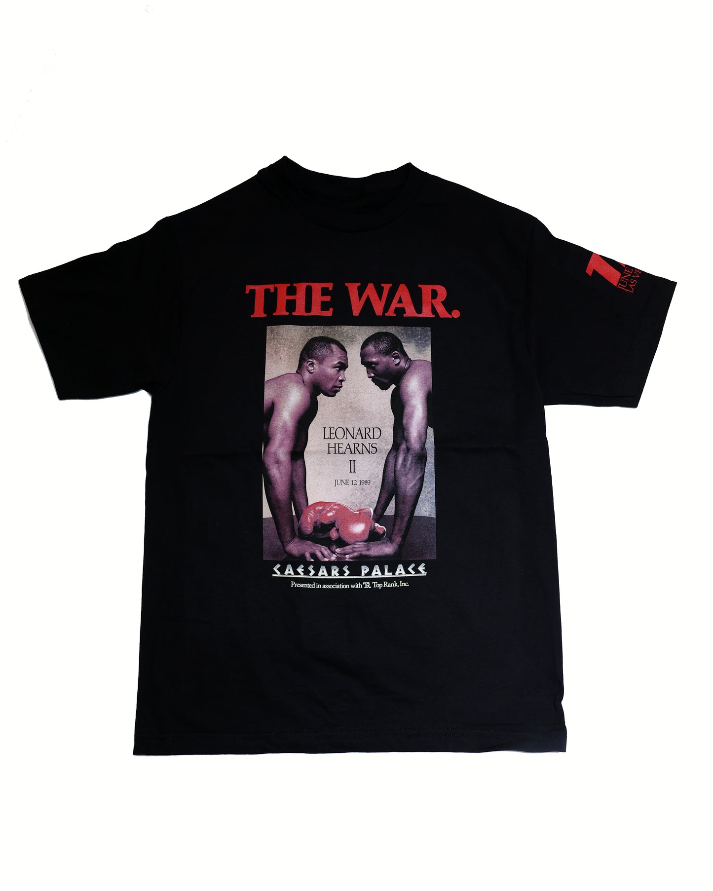 Black t-shirt with boxing graphic and 'The War' text on a white background