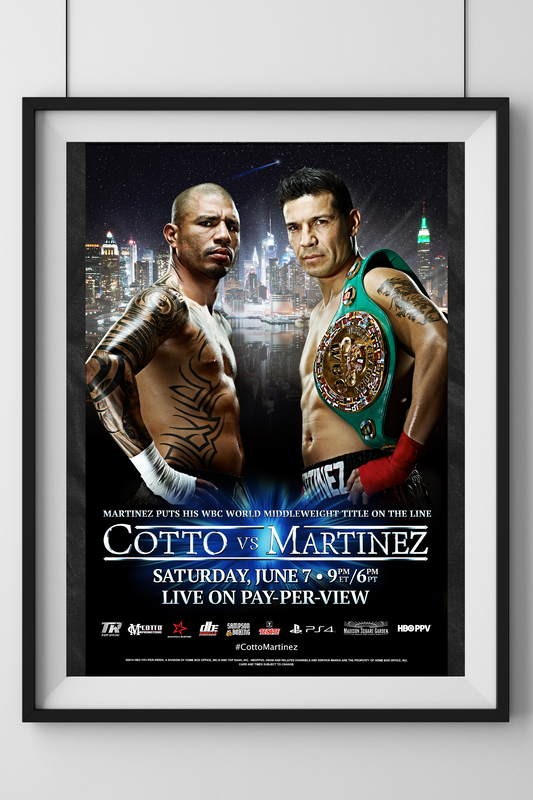 Miguel Cotto vs. Sergio Martinez official event poster with dynamic fight imagery and bold typography.