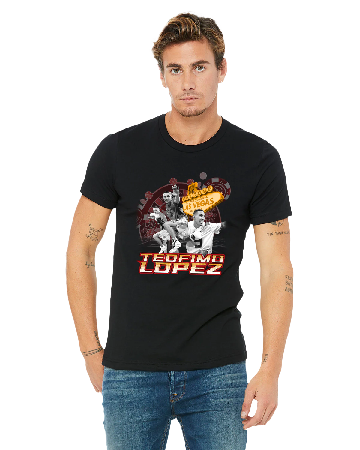 Model wearing the Exclusive Teofimo Lopez Solo Fight Limited Edition T-Shirt with a full-color graphic of Teofimo Lopez