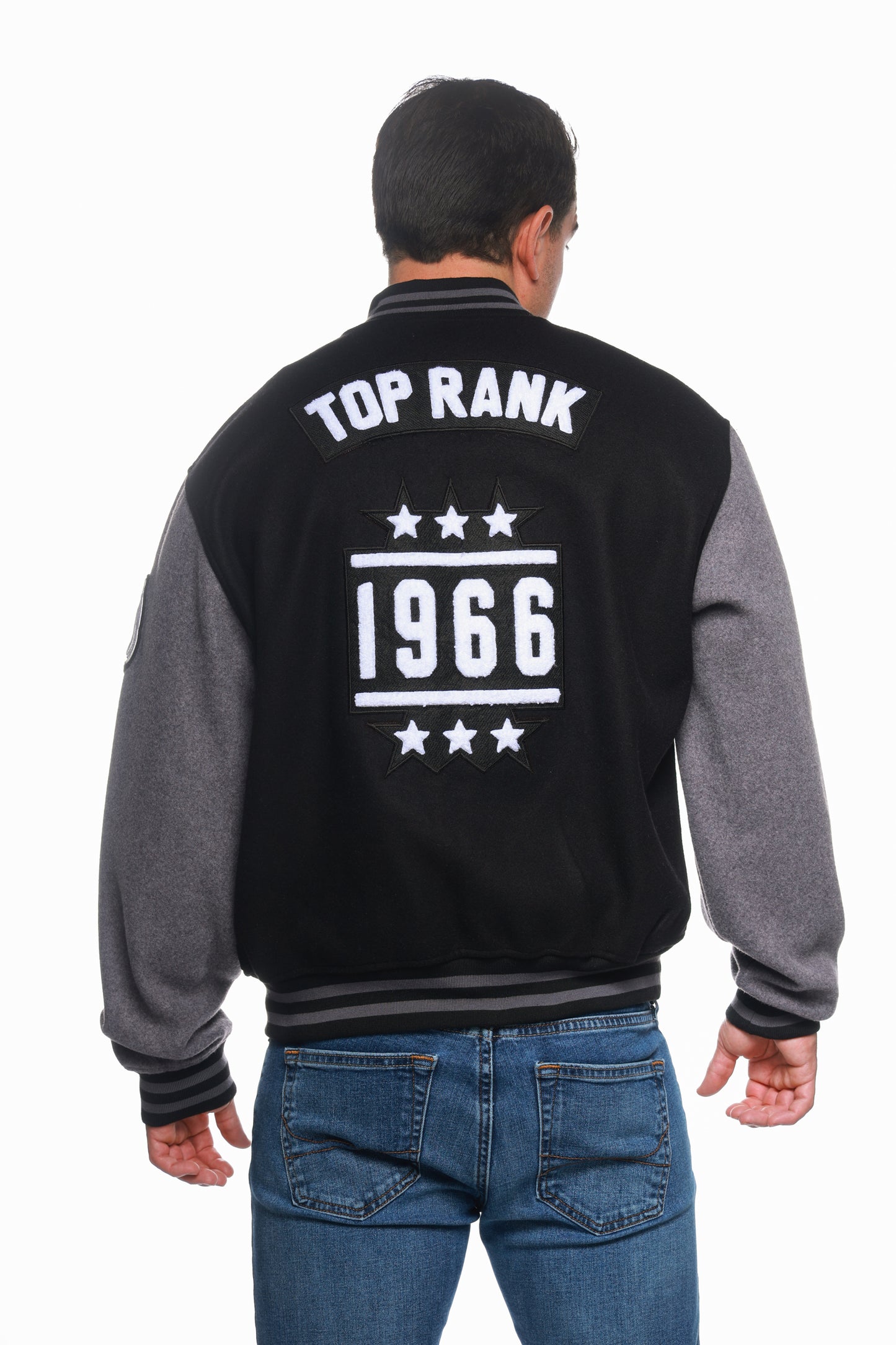 Top Rank Letterman Jacket with chenille lettering on the front and back.
