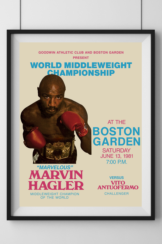 Framed poster of a boxing match featuring Marvin Hagler and Vito Antuofermo.