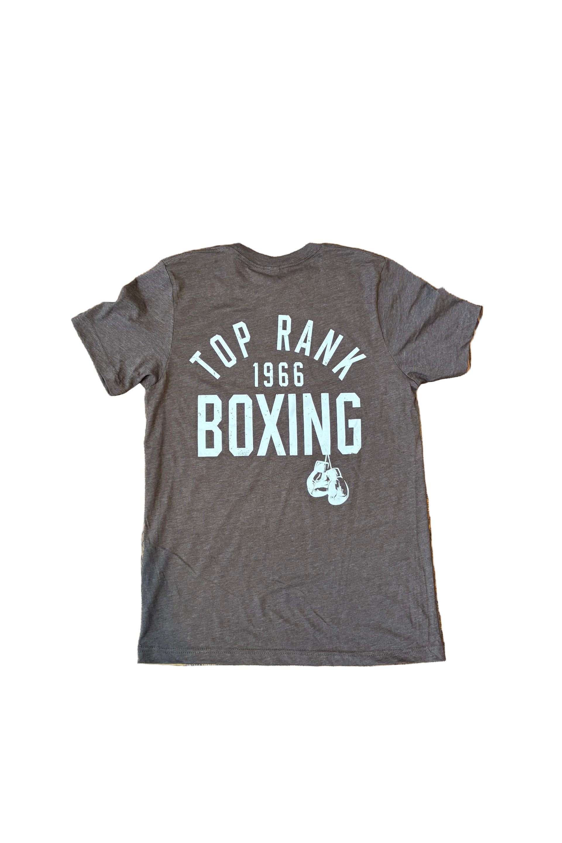 Backside of Heather Brown Top Rank Boxing T-Shirt