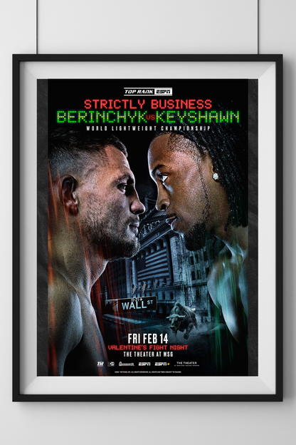 Official event poster for the Denys Berinchyk vs. Keyshawn Davis fight, titled "Strictly Business." The poster features a dramatic face-off between Berinchyk and Davis, set against a Wall Street backdrop with the iconic Charging Bull statue and an American flag. The fight details, including "World Lightweight Championship" and "Friday, Feb 14 – The Theater at MSG," are prominently displayed. The design incorporates bold red and green digital-style text, evoking a stock market theme, symbolizing the high-sta