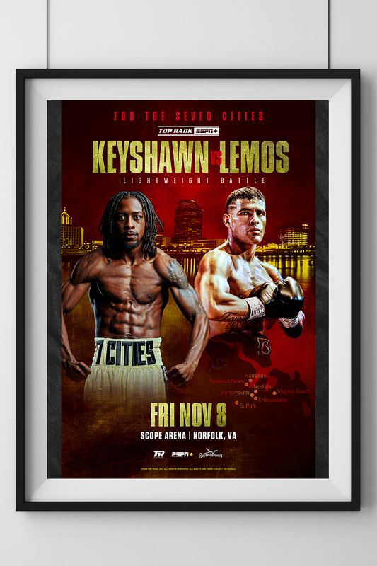 Promotional poster for the Keyshawn Davis vs. Lemos lightweight battle, scheduled for Friday, November 8 at Scope Arena in Norfolk, VA. The poster features a bold red and gold color scheme with images of both fighters—Keyshawn Davis on the left, shirtless and flexing, and Lemos on the right, wearing boxing gloves and in a fighting stance. The Norfolk city skyline is in the background, with "For the Seven Cities" written at the top and city names like Hampton, Norfolk, and Virginia Beach highlighted on a map