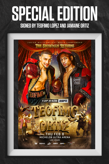 Limited Edition SIGNED Teofimo Lopez vs. Jamaine Ortiz Fight Poster, featuring images of both fighters in a circus-themed setting, with authentic signatures from both Lopez and Ortiz.