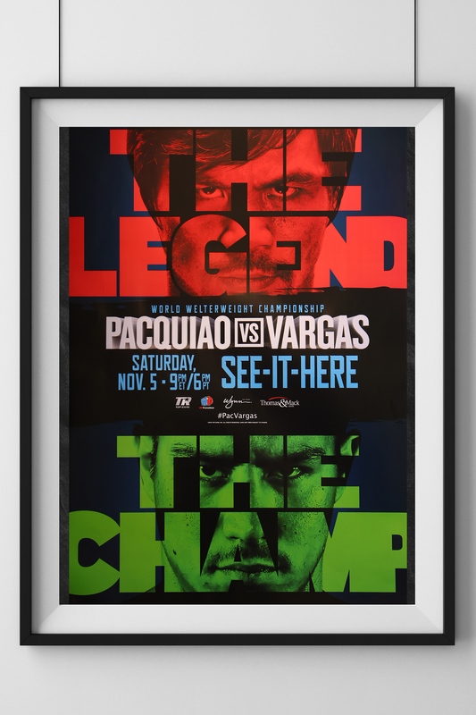 Manny Pacquiao vs. Jessie Vargas official event poster with vibrant fight imagery and bold typography.