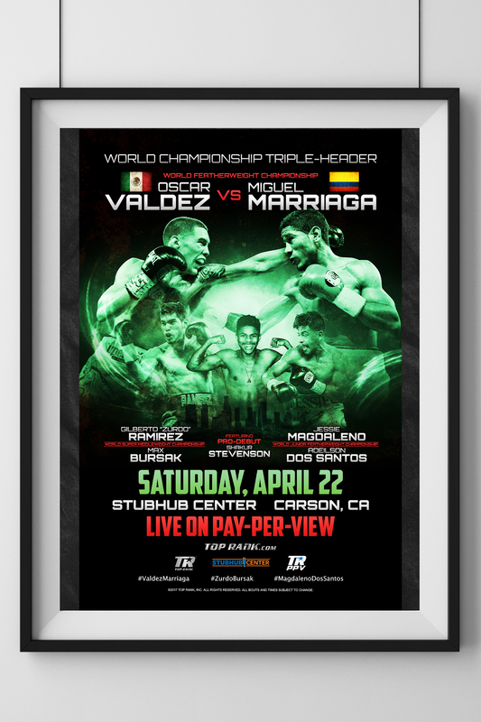 Official promotional poster of the Oscar Valdez vs. Miguel Marriaga boxing event, featuring both fighters in action with event details and bold graphics.