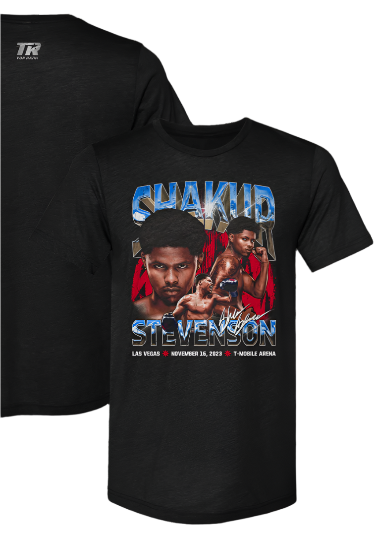 Limited Edition Shakur Stevenson Fight T-Shirt featuring vibrant graphic of the undefeated boxing sensation