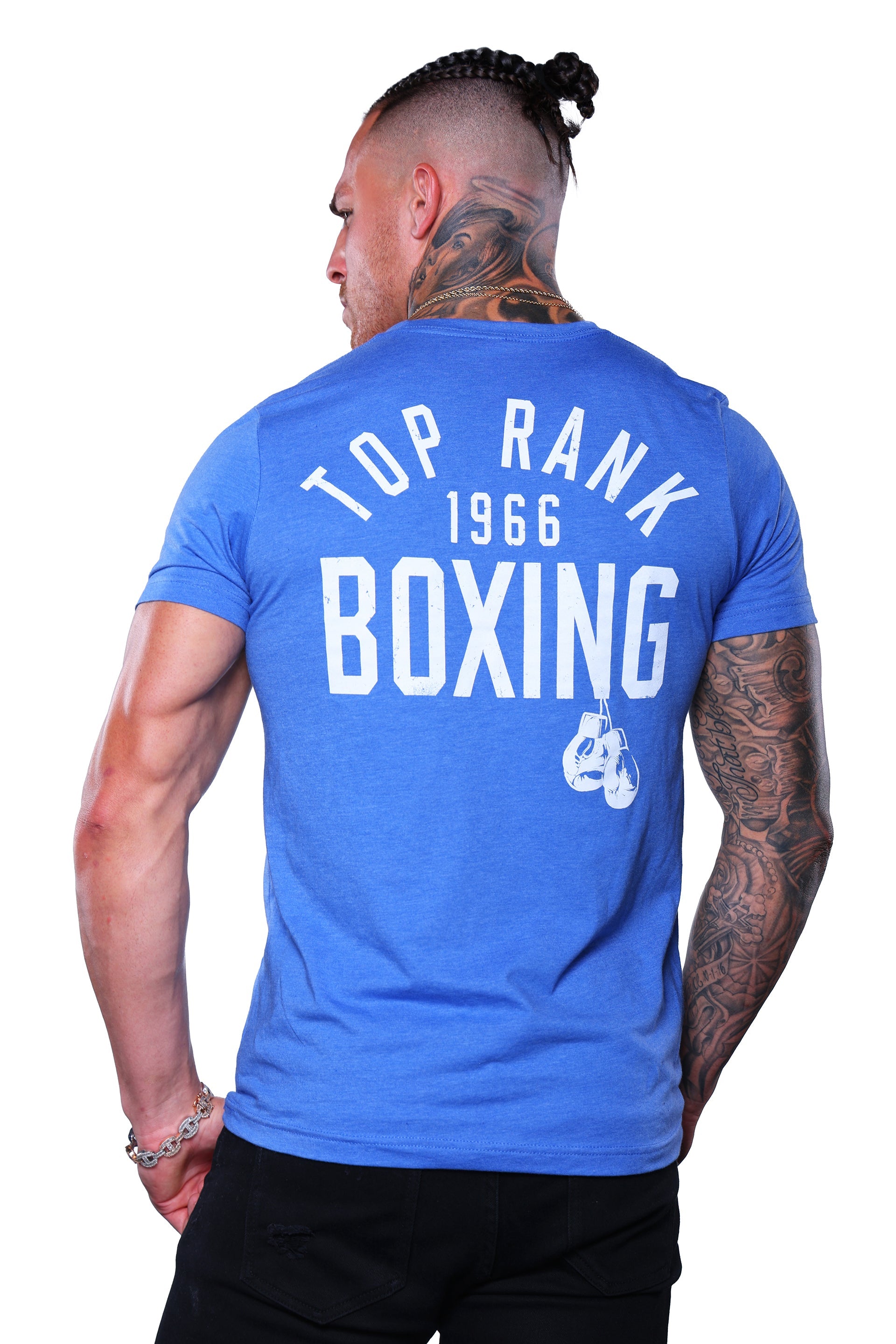 Top Rank Heather Royal T-Shirt featuring classic comfort and style. Back view.