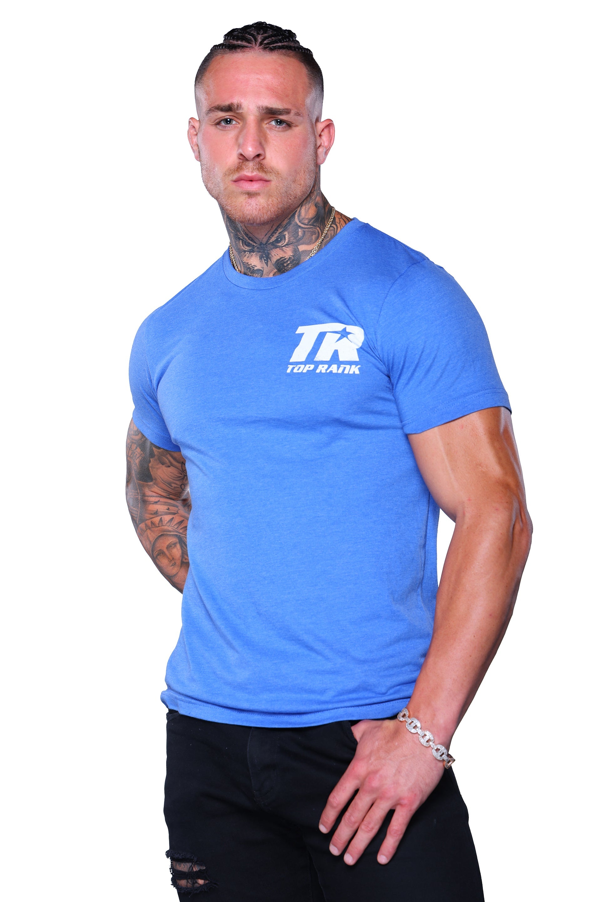 Top Rank Heather Royal T-Shirt featuring classic comfort and style. Front view