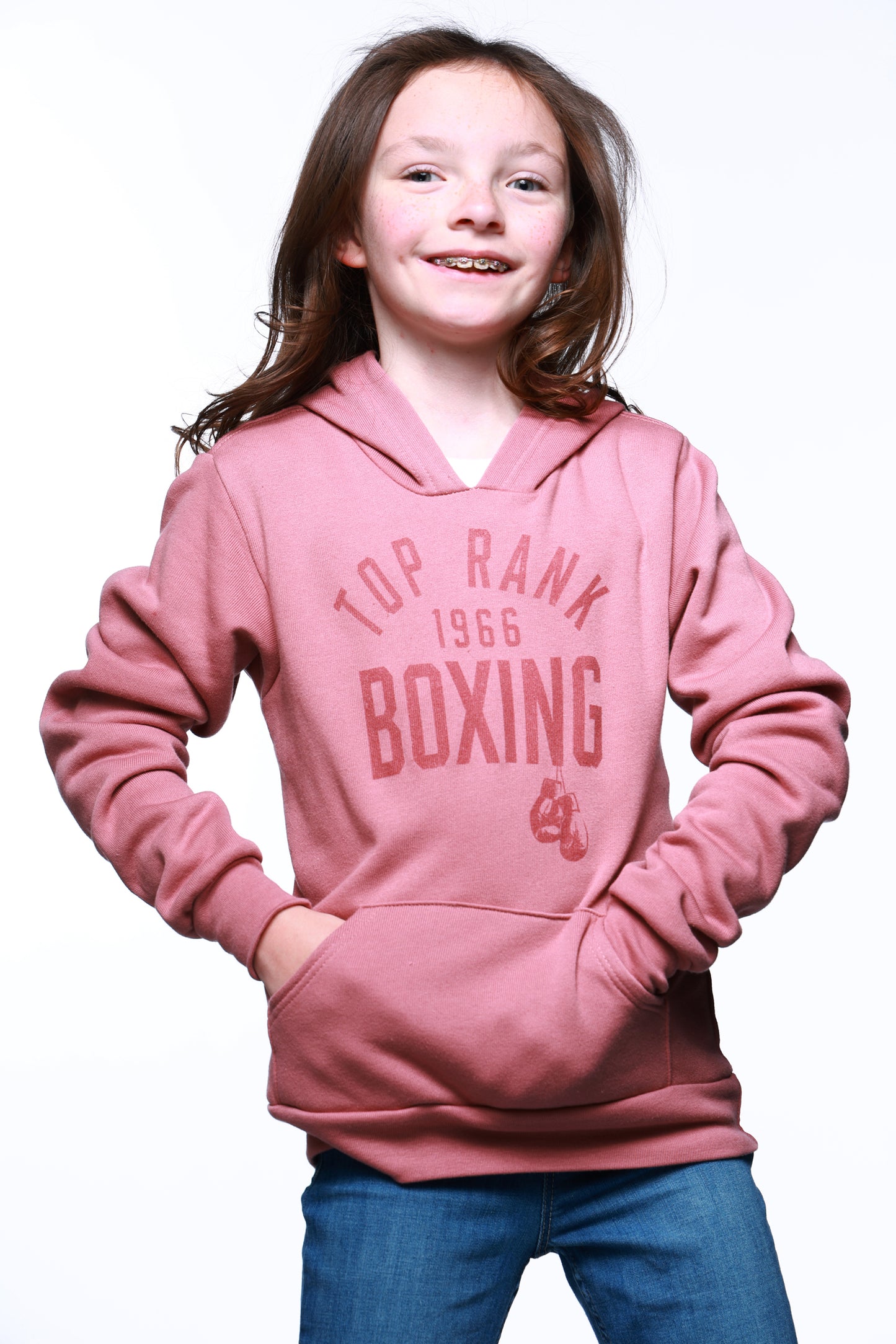 Top Rank Kid Heather Mauve Pullover Hoodie with the Top Rank logo on the front.