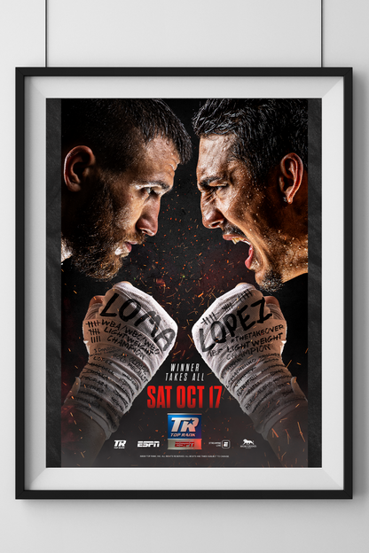 Official promotional poster of the Vasiliy Lomachenko vs. Teofimo Lopez boxing event, featuring both fighters in a face-off with event details and dramatic background elements.