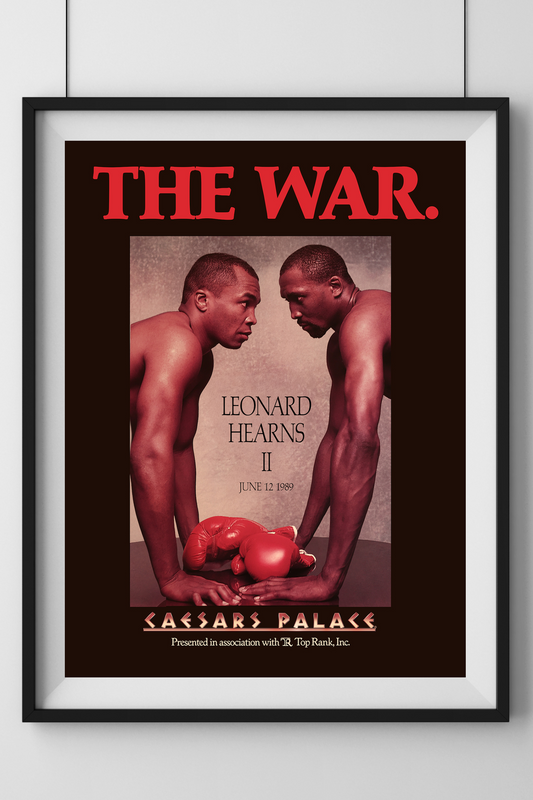 Framed boxing poster featuring two boxers with 'The War' at the top.